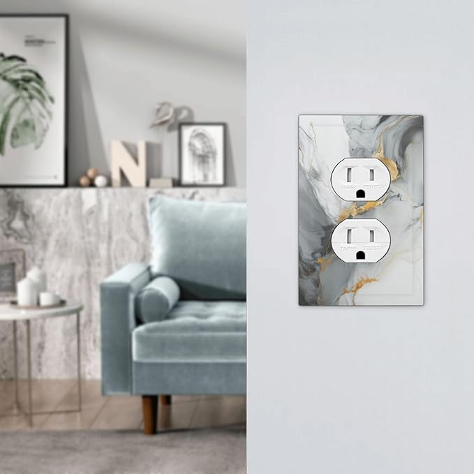 Outlet Covers Gray/Gold Marble Abstract Modern Luxury 1 Gang Duplex Light Switch Cover Plate Decorative Wall Plates Electrical Switchplate Receptacle for Bathroom Bedroom Decor（2 Pack）