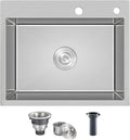 ROVATE 24 × 18 Inch Drop-in Topmount Kitchen Sink Single Bowl, 304 Stainless Steel Handmade Overmount Kitchen Sink with Basket Strainer, 24 x 18 x 9 inch