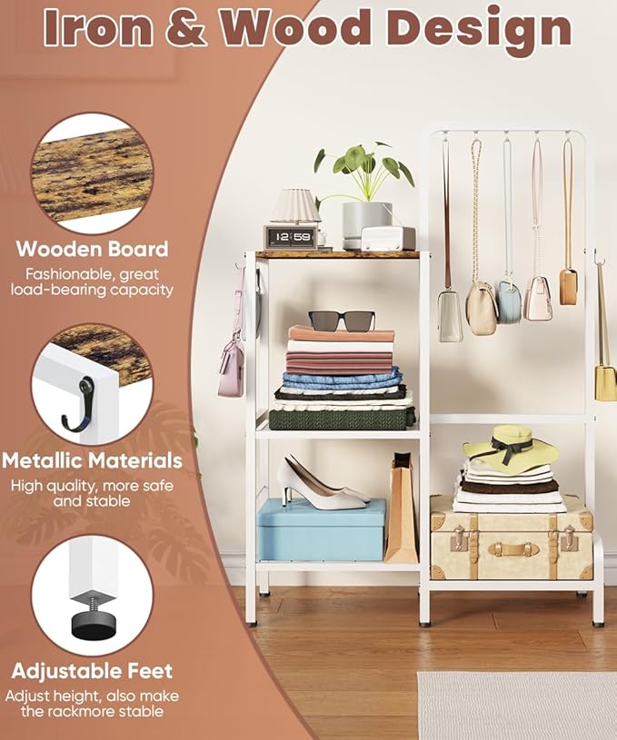 Floor-Standing 3-Tier Purse Organizer, High-Capacity Bag Holder with 8 Hooks, Multi-Functional Purse Rack for Various Bags, Handbag Display Stand Shelf for Closet, Bedroom, Entryway, White