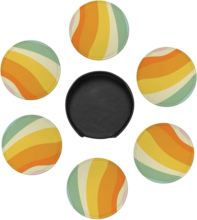 6 Pcs Groovy Retro 70s Style Cute Abstract Leather Coasters - Image 7
