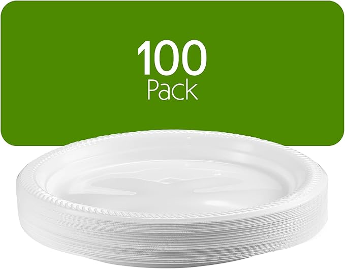 PLASTICPRO 100 PCS White Plastic Round 10" Inch Plastic Plates Premium Quality Light Weight Disposable Dishes Dinner Plates for Parties Weddings