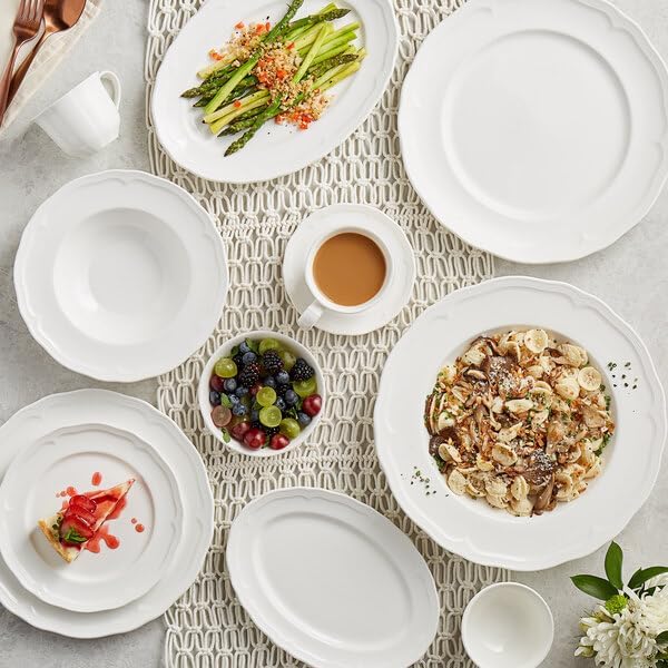 Condesa Pearl White Porcelain Dinner Plate, 12 Inch Round, Scalloped Wide Rim, Embossed, Dishwasher Safe, Microwave Safe, 12 Per Case