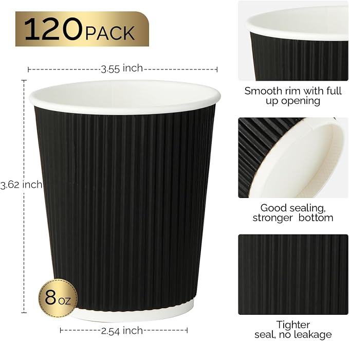 JollyPack Disposable Paper Coffee Cups, 8 oz, 120 Pack, Insulated Ripple Wall - Image 2