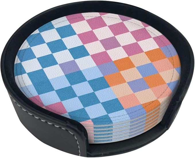 Colorful Blue and Purple Checkered Leather Coasters Set of 6 by Nameapo