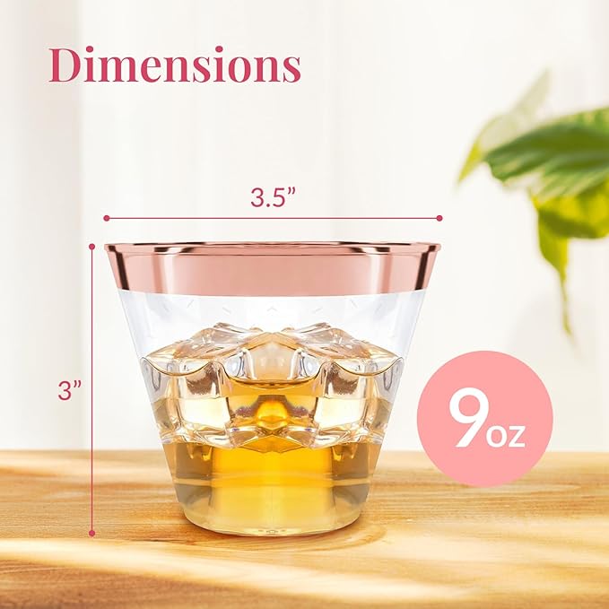 Prestee 100 Rose Gold Plastic Cups - Rose Gold Plastic Cups 9 oz - Party Decorations - Disposable Wine Cup - Clear Cup - Bulk Party Wine Glasses