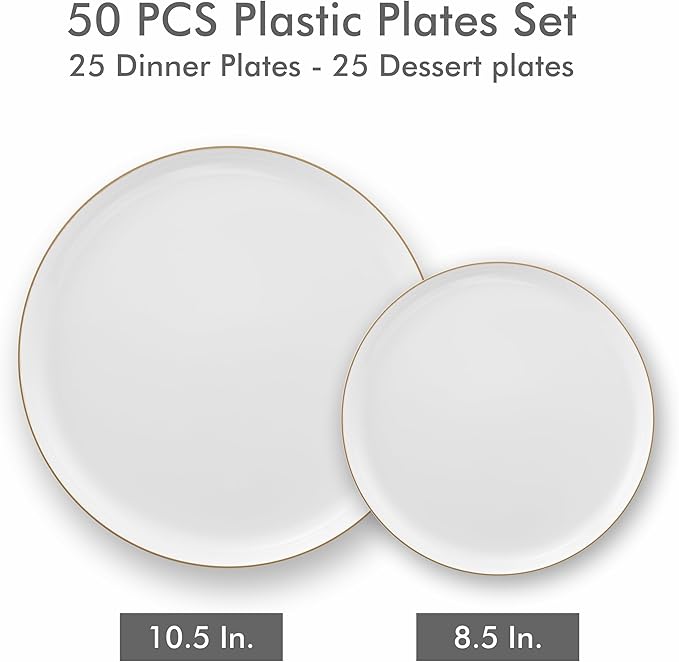 BloominGoods 50 PCS Disposable Plastic Plates For Party, 25 8.5 In. Appetizer Plates And 25 10.5 In. Dinner Plates, White With Gold Rim Plates For Wedding Or Event, Heavy Duty