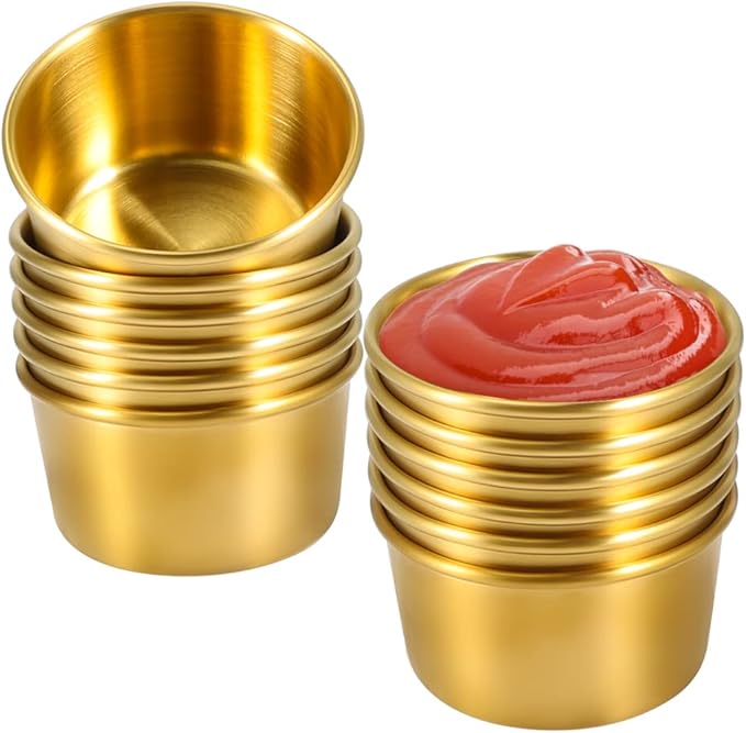Ramekin Sauce Dipping Bowl Mini Sauce Cups Pudding Condiment Cups for Home Party Stainless Steel (Golden 12PCS 75ml)