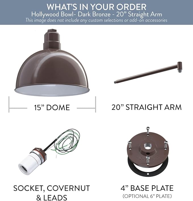 Steel Lighting Co. Hollywood Bowl Light | Outdoor Wall Mounted | 15 inch Bowl Dome | 20 inch Straight Arm | Barn Light Made in America | Dark Bronze Exterior/White Interior