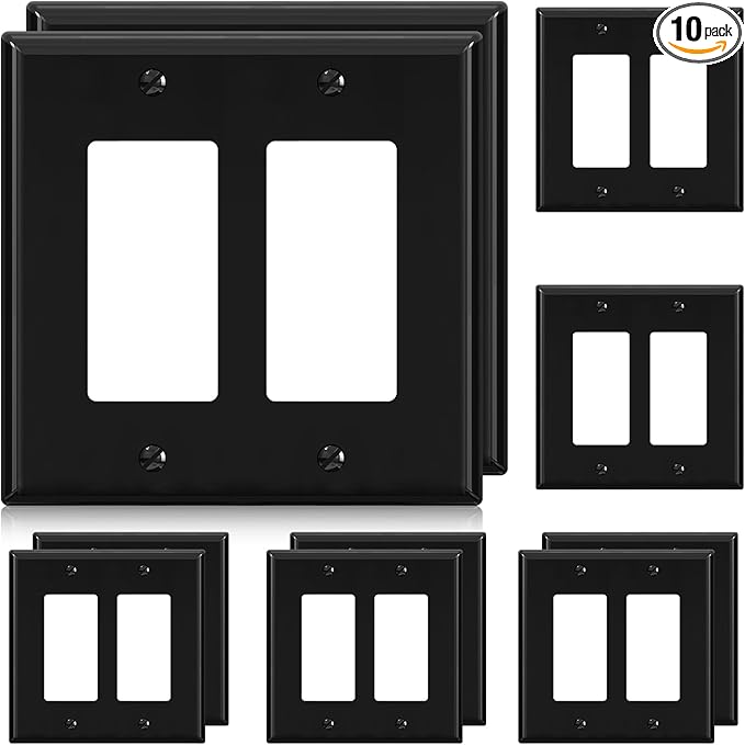 AIDA 2-Gang Decorative Wall Plates, 4.88" H x 4.94" L - Unbreakable Thermoplastic Faceplate Cover for Outlets and Switches, UL Listed - (10 Pack, Glossy Black)