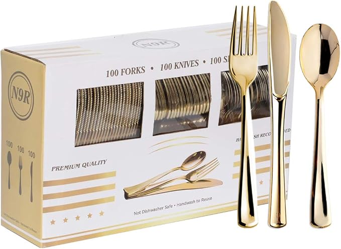 300PCS Gold Plastic Silverware, Disposable Plastic Cutlery/Utensils | Heavy by N9RTABLEWARE