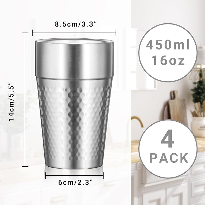 Stainless Steel Double Wall Cup, 16 oz Insulated Tumbler, 4 Pack Unbreakable - Image 2