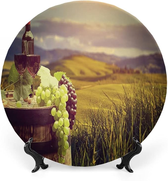Ceramic Plates, Wine Decorative Ceramic Plates, Italy Tuscany Landscape Rural Vineyard, 10 Inch, for Dining, Parties, Wedding, Green Black Brown