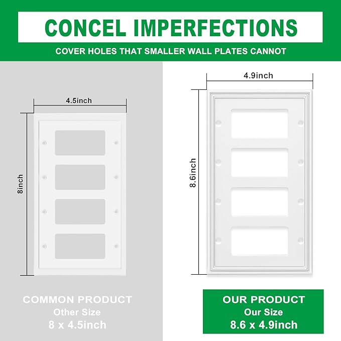 White Modern Decorative Wall Plate Light Switch Cover Decorator Outlet Covers Rocker Switch Plates Bamboo Fiber Material Wall Plates for Kitchen Bathroom (4 Gang Quad Decorator-1 Pack)