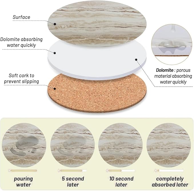 Ceramic Coasters Set of 6, Marble-Textured Design with Holder - Absorbent Cork-Backed Coasters for Cups, Bar & Coffee Table Decor Accessories (Khaki Marble-Thin, 6 Pack-Thin)