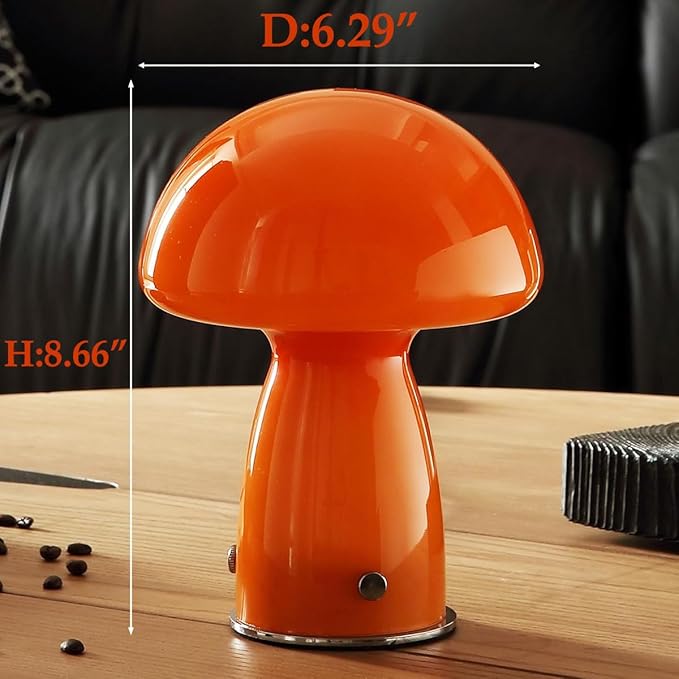 Cute Mushroom Lamp with Glass Lampshade,Small Orange Table Lighting,3000K Warm Light Led Bedside Lamp,Mid Century Modern Desk Light for Living Room Bedroom