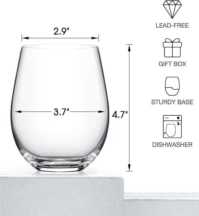LUNA & MANTHA Stemless Wine Glasses Set of 6, 18oz Crystal Red White Wine Glasses for Daily Use, Hosting, Home Bar, Evening Party, Birthdays, Shower, Housewarming Gift, Clear