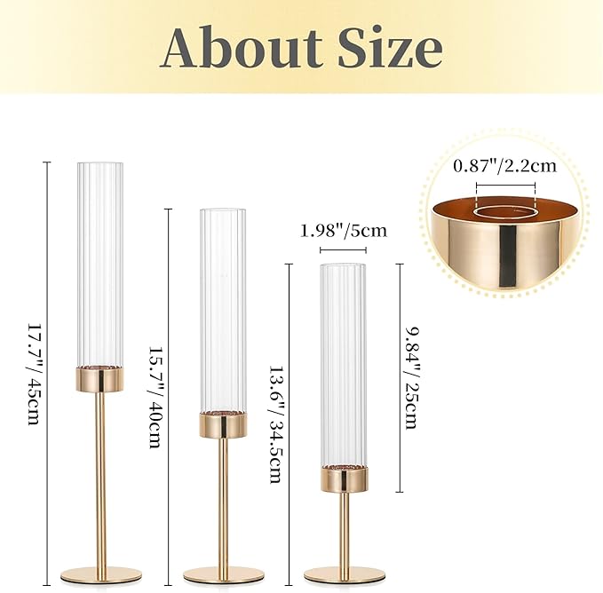 Hewory Gold Taper Candle Holders: Candlestick Holders Set of 6 Hurricane Glass Tall Candle Holder for Candlesticks Candle Sticks Holder Decor for Table Centerpiece Wedding Party Christmas Decorations