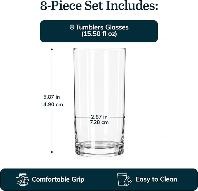 Heavy Base Drinking Glasses Set of 8, Weighted Clear Water Cups | 15.5 oz - Image 4