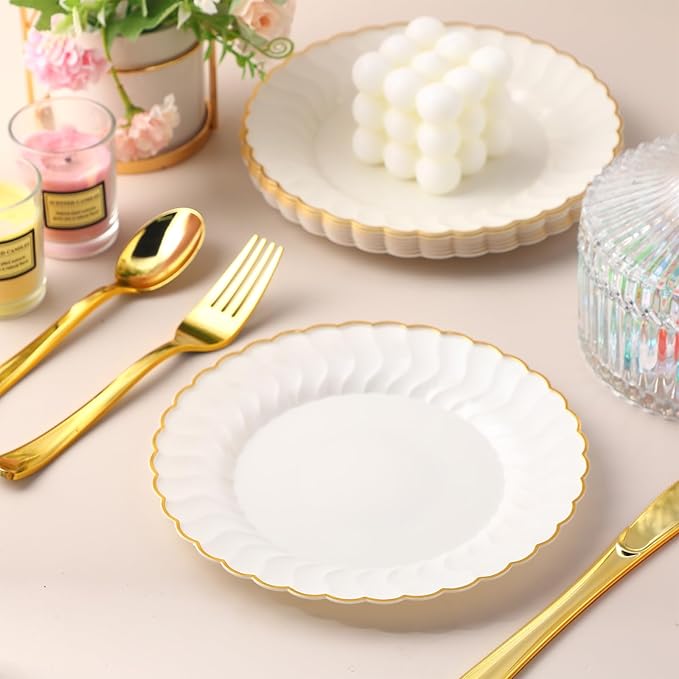 Mifoci 200 Pcs 7.5 Inch Ivory with Gold Rim Plastic Disposable Plates Bulk Salad Dessert Appetizer Cake Plates Elegant Fancy Plastic Tableware for Party Holiday, Wedding, Catering Table Decoration