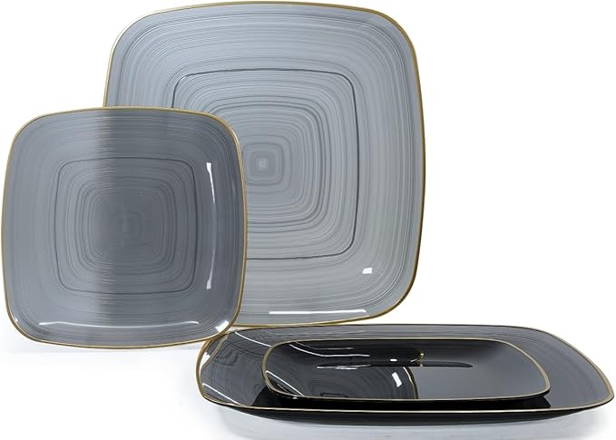 " OCCASIONS " 120 Pieces Pack,(60 Guests) Premium Wedding Party Disposable Plastic Plates Set -60 x 10'' Dinner + 60 x 7'' Salad/Dessert (Belize Square in Smoke Gray & Gold)