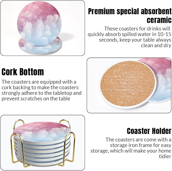 Ceramic Coasters Set of 6, Marble-Textured Design with Holder - Absorbent Cork-Backed Coasters for Cups, Bar & Coffee Table Decor Accessories (White Plume, 6 Pack)