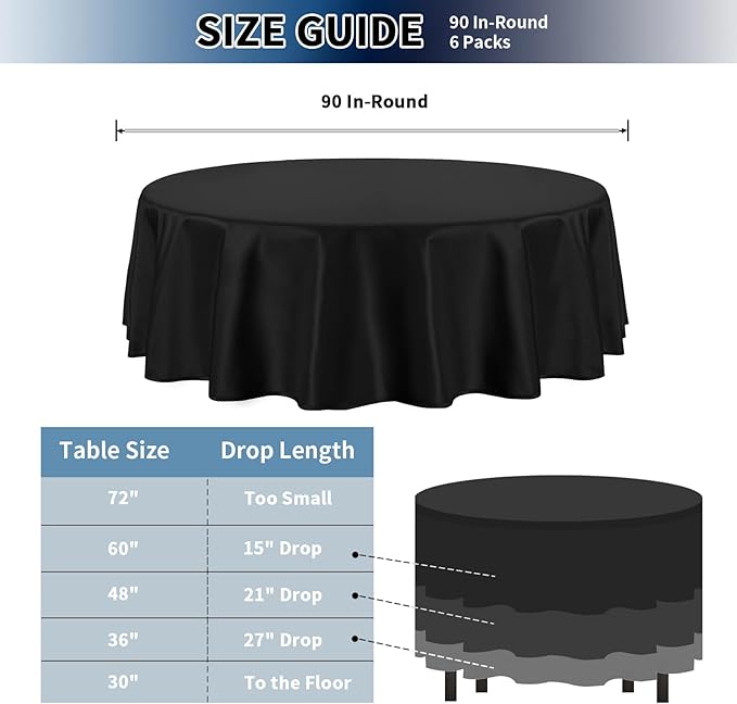PureFit 6 Pack Round Black Table Cloths 90 Inch for Round Tables, Stain and Wrinkle Resistant Table Linens for Home Use, Wedding, Party, Banquet and Camping