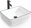 eclife Bathroom Ceramic Sink Bowl Classic White with Black Decor Line Porcelain Vessel Sink and Faucet Combo for Bathroom Countertop Bowl Sink & ORB Pop Up Drain (T03BK)