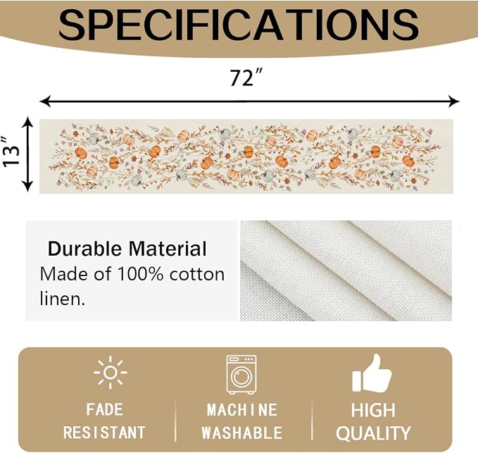 RABUSOFA Orange Pumpkins Floral Fall Table Runner, Seasonal Autumn Kitchen - Image 8