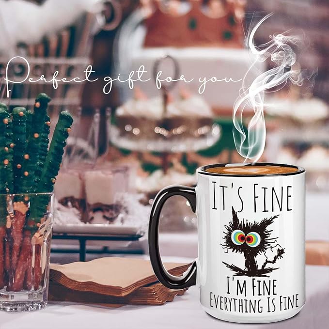 FALJIOK I'm Fine Everything is Fine Coffee Mug 15oz Funny Sarcastic Cat Mug - Image 4