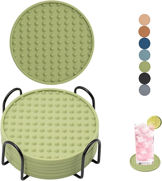 Set of 6 Silicone Coasters, 4'' Drink Coaster with Holder, Round Coasters for Drinks Beer Coffee Home Office Bar Desk Tabletop Protection, Non-Slip Rubber Coaster (Green, 6 Pcs-Metal Holder)
