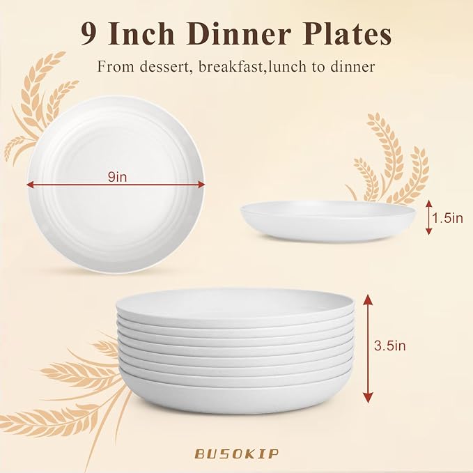 Wheat Straw Plates 9 Inch, Unbreakable & Reusable Plastic Plates Set of 8 - Image 2