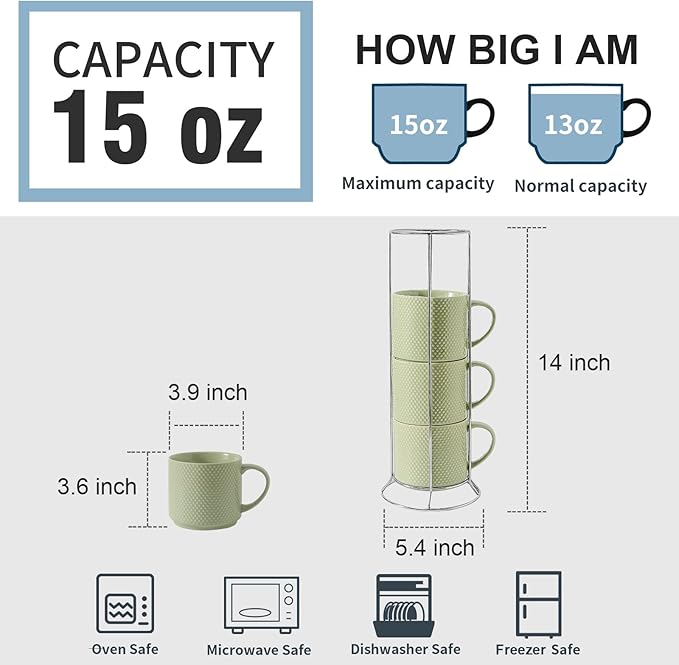 HASENSE Coffee Mugs Set with rack, 15 Ounce Porcelain Stackable Large Coffee Cups Set of 4 with handle for Drinks Like Tea, Cappuccino, Milk, Mocha and Cereal, Microwave & Dishwasher Safe, Green