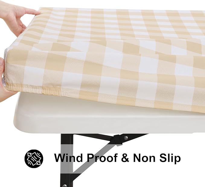 Smiry Rectangle Picnic Table Cloth, Elastic Waterproof Fitted Vinyl Tablecloths, Flannel Backed Buffalo Plaid Table Covers for Dining, Camping, Outdoor (White and Beige, 30" x 72")