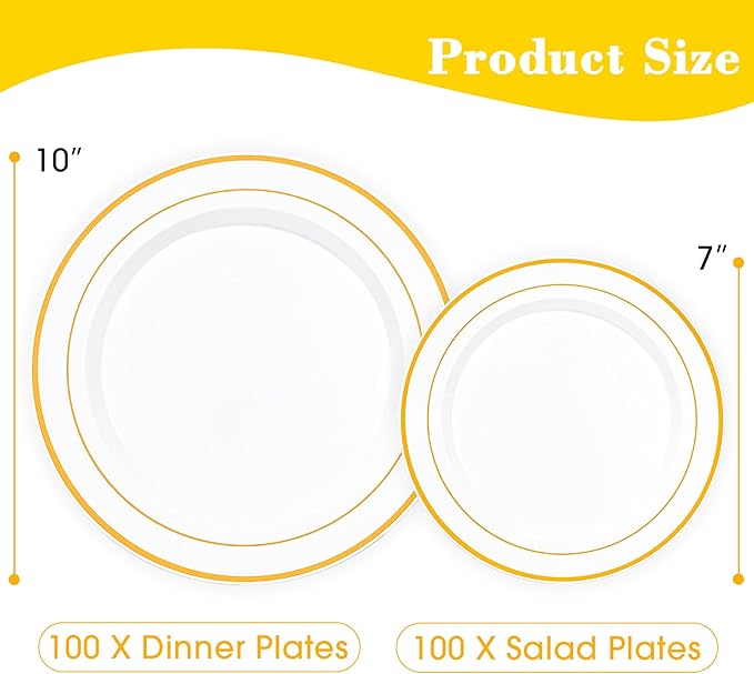 200PCS White Plastic Plates with Gold Rim, Disposable Heavy Duty Plastic Plate, 100 Dinner and 100 Dessert Plates for Party and Wedding