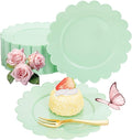 LIYH 200 Pcs Sage Green Plastic Disposable Plates and Gold Forks 7.5 Inch Scalloped Dessert Appetizer Plates, Cake Forks 5" for Wedding Party