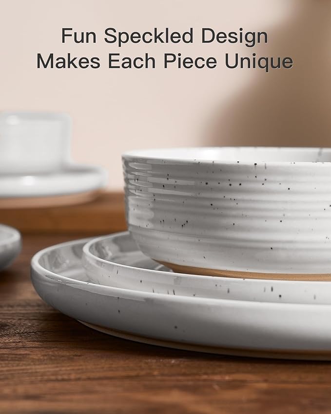 Stoneware Dinnerware Sets, Plate and Bowl Sets for 4, 12 Pieces Spiral Flared Dishware with Speckles and Reactive Glaze, Microwave Dishwasher Safe Family Tableware, White