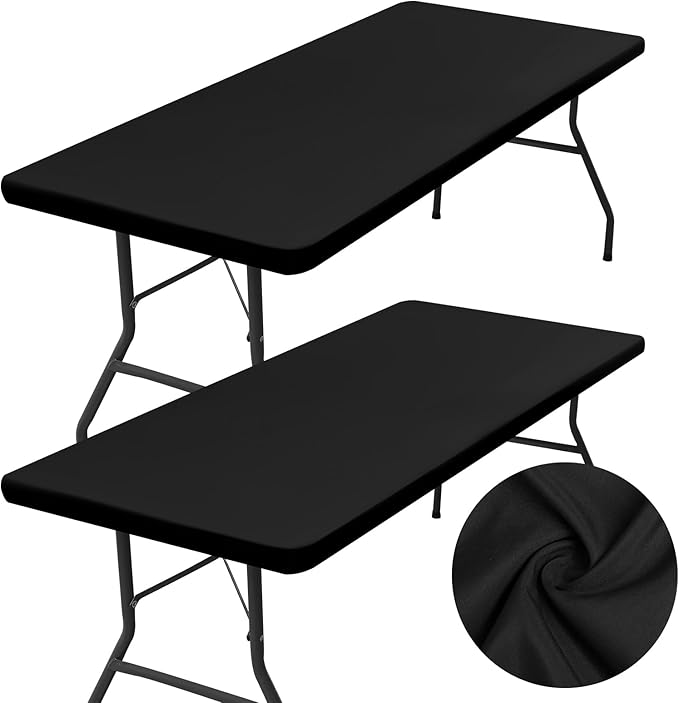 homing 2 Pack Rectangle Table Cloth, Elastic Fitted Fabric Tablecloth Fits for 5 Foot Folding Tables, Washable Table Cover for Picnic, Camping, Indoor & Outdoor (Black, 30" x 60")