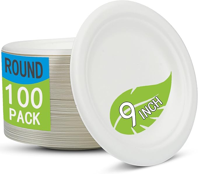 Disposable Plates 100% Compostable Heavy Duty - 9 Inch paper plates bulk for Party, Dinner, Cake, Dessert, Snacks Eco-Friendly White