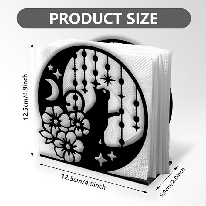 Cat Moon Decorative Black Metal Napkin Holder for Table, 4.9" x 4.9" x 2" Kitty Flower Standing Napkin Holder for Home Kitchen Restaurant Picnic Party Coffee Bar Dining Room