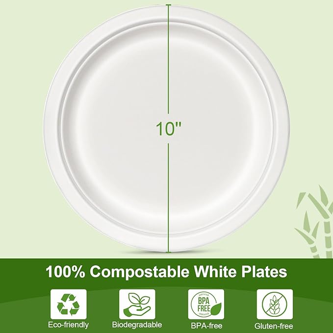 Disposable Paper Plates 10 Inch Bulk [125 Pack - White ] Heavy Duty Eco Friendly Compostable Dinner Plates, Biodegradable Sturdy Paper Plates Large, Microwave-Safe