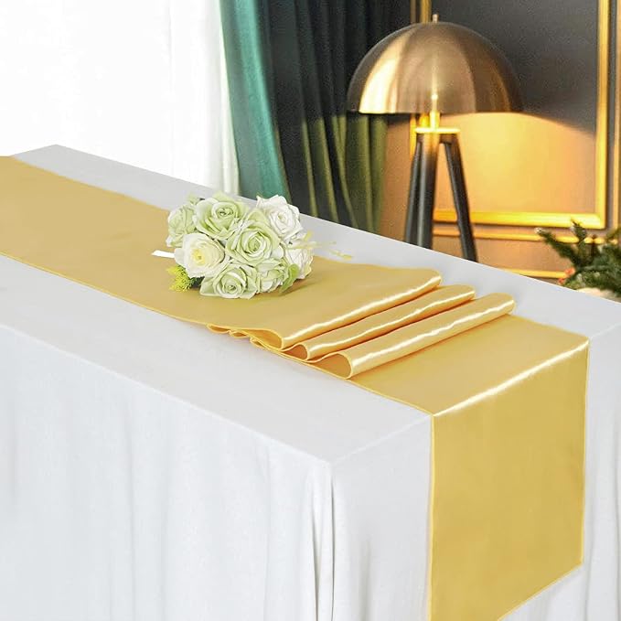 Light Gold Satin Table Runners 10 Pack 12x108 inch Silk Smooth Fabric | Bright - Image 5