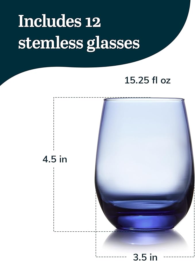 Libbey 231L Stemless Wine Glasses Set of 12, Tidal Blue, Restaurant Quality Red and White Wine Glasses, Drinking Glasses Set for Large Gatherings