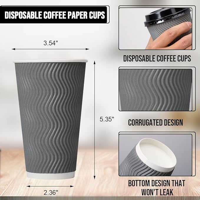 100 Pack 16 oz Coffee Cups with Lids, Disposable Insulated Hot Cups To Go Paper Coffee Cups, Corrugated Ripple Wall Cup for Hot Drink, Office, Coffee Bar (Grey 16 oz)