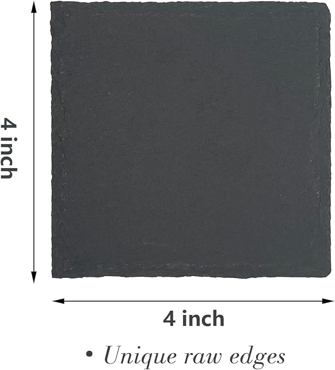 8 Pack 4 inch Square Slate Coasters with Metal Holder,Handmade Natural Rough Edge,with Integral Anti-Skid pad,Laser Engraving Blanks,Stone Coasters