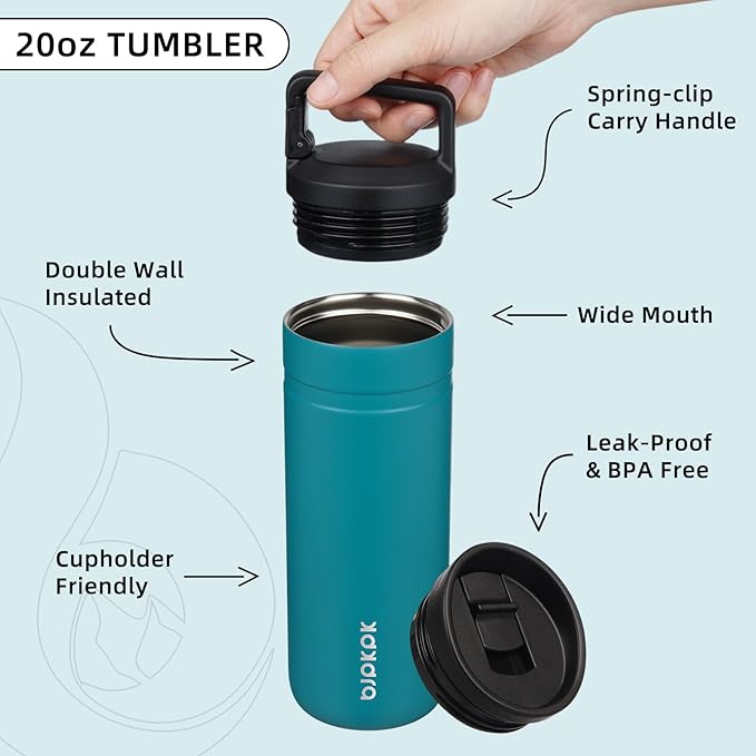 BJPKPK Insulated Water Bottle with 2 Lids,20 oz Double Wall Stainless Steel Vacuum Tumbler Travel Coffee Mug,Wide Mouth Thermal Cup,Lake Blue