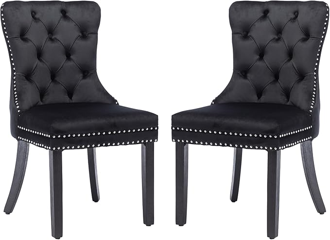 KCC Velvet Dining Chairs Set of 2, Upholstered High-end Tufted Dining Room Chair with Nailhead Back Ring Pull Trim Solid Wood Legs, Nikki Collection Modern Style for Kitchen, Black