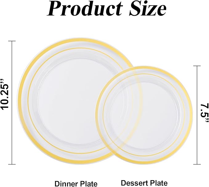 BESTSTAR 100PCS Clear Gold Plastic Plates Set, 50 10.25 inch Dinner Plates and 50 7.5 inch Dessert Plates, Disposable Plates for Party, Wedding