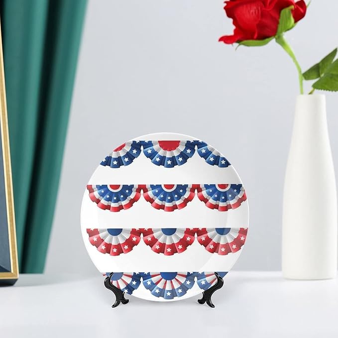Decorative Plates, American Flag Decor Print Ornament, Flag Round Bunting Election Ornament Pattern, 10 Inch, 1 Plate with 1 Display Stand, Blue Red