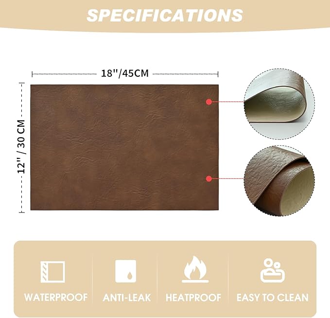 Artoid Mode Brown Faux Leather Placemats Set of 4, 12x18 Inch Waterproof Wipeable Heat Resistant Vinyl Place Mats, Reversible Table Mats for Kitchen Dining Decor