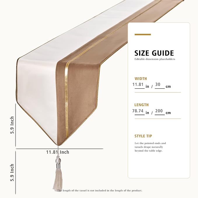 Avigers Table Runner 12 x 78 Inch, Chestnut White, Tassels | Faux Silk - Image 2